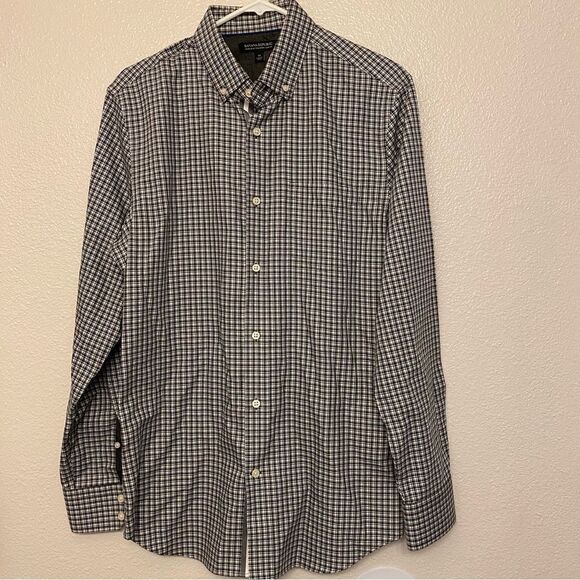Banana Republic non iron tailored slim fit black Checked plaid button up shirt M - Picture 1 of 9